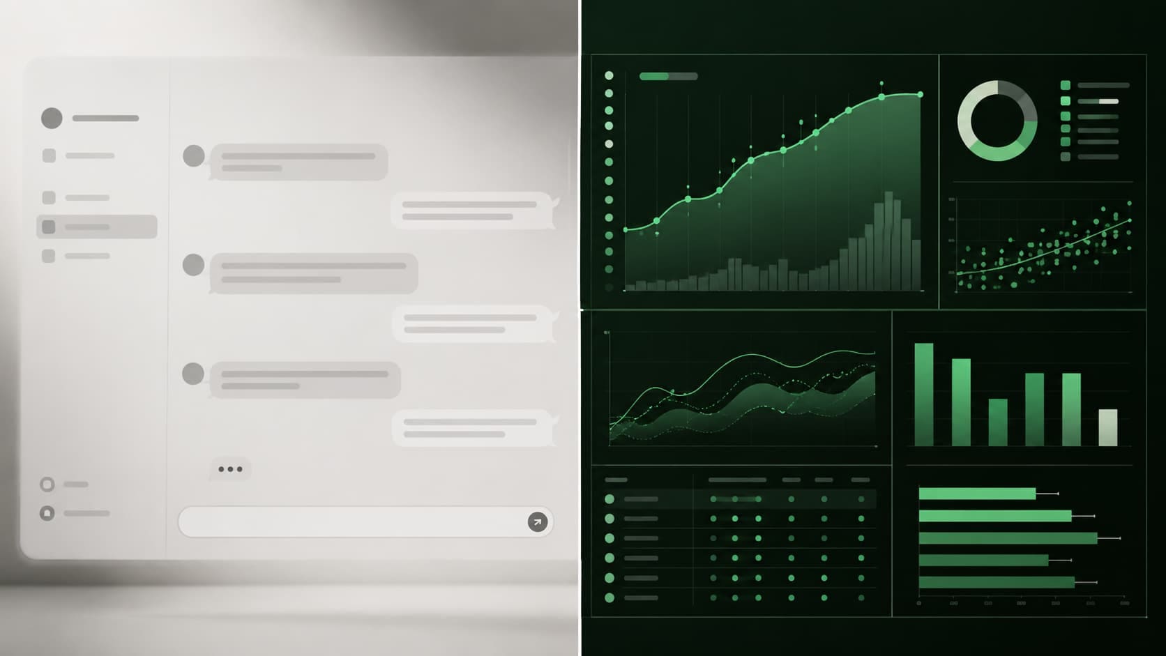 Split-screen entre une discussion ChatGPT floue et un dashboard data turquoise — limites des LLM pour le pronostic PMU