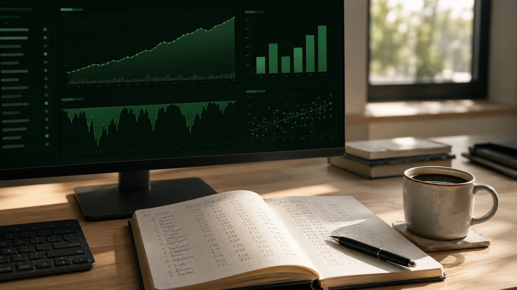 Bureau d'analyste avec écran de performance trading turquoise et carnet de notes manuscrites — méthode statistique PMU
