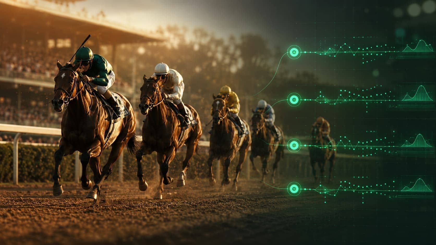 Quatre chevaux franchissant la ligne dans un ordre net, overlay de scoring turquoise — guide du pari Super 4 PMU